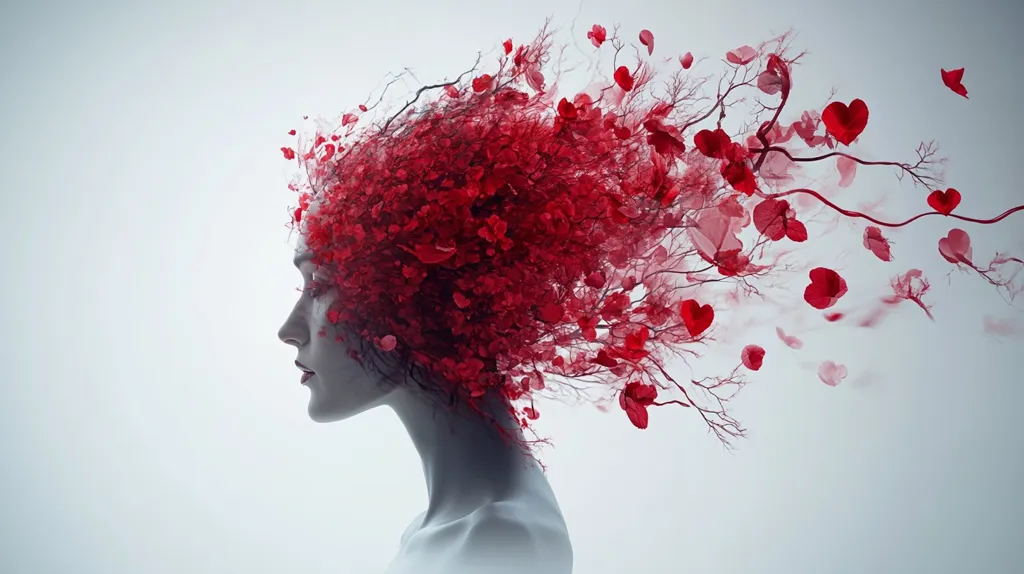 A surreal digital artwork depicts a woman's profile, her head adorned with a vibrant explosion of red blossoms and branches. The blossoms resemble hearts, some detached and drifting away like falling petals. The woman's face is serene, her expression calm amidst the vibrant, dynamic floral eruption that seems to emanate from her mind. The overall effect is dreamlike and evocative of emotion, perhaps love or heartbreak. The light background accentuates the red floral elements and the woman's pale skin.