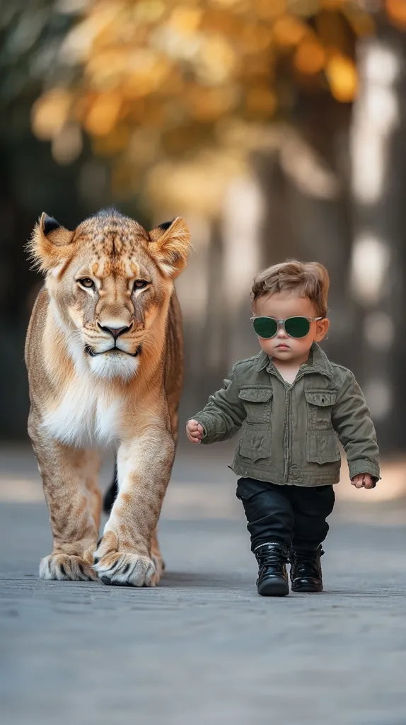 A young toddler, sporting stylish sunglasses and a green jacket, confidently walks alongside a large female lion.  The lion, majestic and seemingly calm, strides purposefully with the child. The blurred autumnal background suggests a park-like setting.  The image creates a striking juxtaposition of the powerful wild animal and the innocent child, emphasizing their unlikely companionship.  The overall mood is one of unexpected harmony and gentle strength.