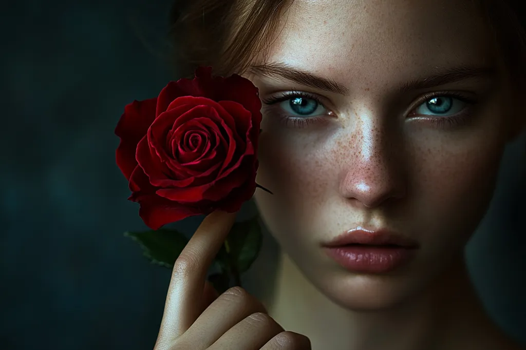 Close-up portrait of a young woman with light skin and freckles.  Her striking blue eyes gaze directly at the viewer. She holds a deep red rose, its velvety petals contrasting with her fair complexion. The lighting is dramatic, creating shadows that highlight her features and the rose's rich color. The overall mood is both alluring and slightly melancholic. The background is a dark, moody teal.