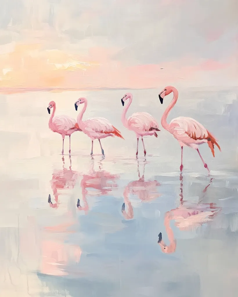 Here's a description of the image:

The painting depicts four pink flamingos wading in shallow, calm water at sunset. The flamingos are rendered in a loose, impressionistic style with soft, pastel hues. The sky is a blend of pale pinks, oranges, and blues, reflecting in the water to create a serene and dreamy atmosphere.  The overall effect is one of tranquility and beauty, emphasizing the elegance of the birds and the soft light of the setting sun. The water is painted with visible brushstrokes suggesting gentle ripples. The flamingos' reflections are subtly visible on the water's surface.
