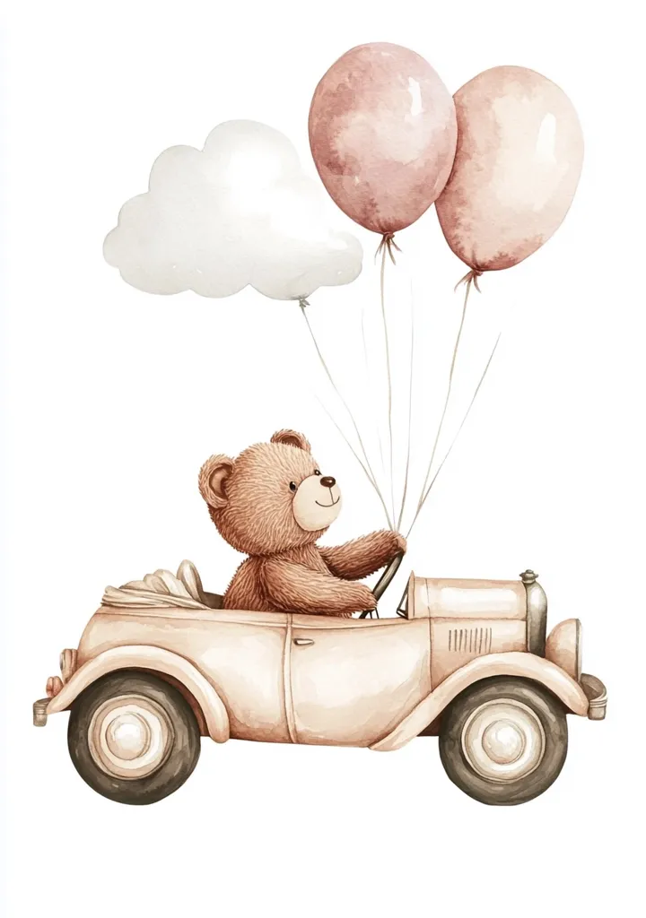 Here's a description of the image:

A charming watercolor illustration depicts a teddy bear driving a vintage light-pink car.  Two blush-pink balloons and a fluffy white cloud are attached to the car, suggesting a whimsical journey. The style is soft and delicate, perfect for children's décor. The color palette is muted and calming, creating a sweet and gentle atmosphere. The bear is seated behind the steering wheel, appearing happy and content.  The overall scene evokes feelings of joy, innocence, and lighthearted adventure.