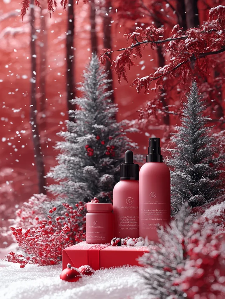 A festive winter scene features three blush-pink skincare products nestled on a red gift box amidst snowy, miniature evergreen trees.  The background is a blurred, red-toned forest with falling snow, creating a dreamy, romantic ambiance.  The products, including a cream jar, serum bottle, and spray bottle, are subtly branded with a minimalist logo, suggesting a luxurious and natural skincare line. The overall impression is one of elegant holiday gifting and self-care.