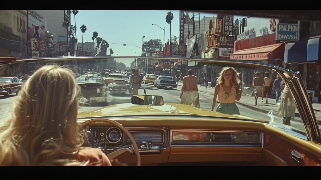 Here's a description of the image:

The image is a still from a film, possibly a movie set in the 1970s, showing a sunny, bustling street scene in what looks like Los Angeles. A yellow convertible is in the foreground, with a blonde woman behind the wheel.  The car is driving down a street lined with palm trees, vintage buildings displaying neon signs, and pedestrians strolling along the sidewalk. The atmosphere is vibrant and evokes a sense of California's golden age.  The overall aesthetic is warm and nostalgic, with a focus on the era's fashion and architecture.