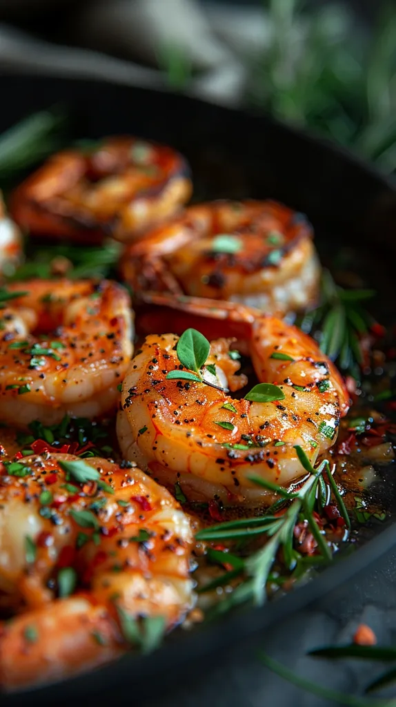 A close-up shot showcases a skillet brimming with succulent, seasoned shrimp.  The shrimp are glistening, exhibiting a beautiful reddish-orange hue from grilling or pan-frying.  They're generously sprinkled with herbs, likely rosemary and thyme, and flecks of red pepper.  The shrimp are nestled amongst sprigs of rosemary, adding to the visual appeal and suggesting a fragrant, savory dish. The dark background contrasts sharply with the vibrant colors of the food, enhancing its delicious appearance.