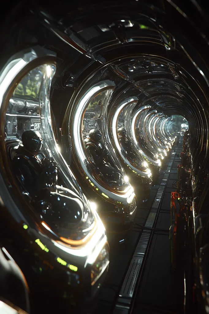 Here's a description of the image:

The image shows a futuristic, cylindrical corridor lined with individual, transparent, pod-like compartments. Each pod contains a figure in dark clothing, seemingly in suspended animation or encased in protective gear. The pods are illuminated from within by soft, warm light, creating a striking contrast against the dark, metallic walls of the corridor. The overall aesthetic is sleek and technological, suggesting a science fiction setting, possibly a spaceship or a high-tech facility. The perspective is from within the corridor, looking down its length towards a vanishing point in the distance.