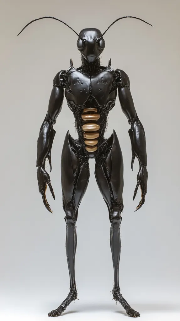 Here is a description of the image:

The image shows a full-body shot of a humanoid figure with insect-like features. Its body is predominantly black and appears to be made of a hard, possibly metallic, material. It has a segmented abdomen with gold-colored accents, long spindly legs ending in clawed feet, and large, compound eyes. Long antennae extend from its head. The figure stands upright with its arms at its sides, and its overall pose suggests stillness. The background is a simple, light gray, which emphasizes the figure's dark form. The figure's design blends organic and mechanical elements, hinting at a science fiction or fantasy context.