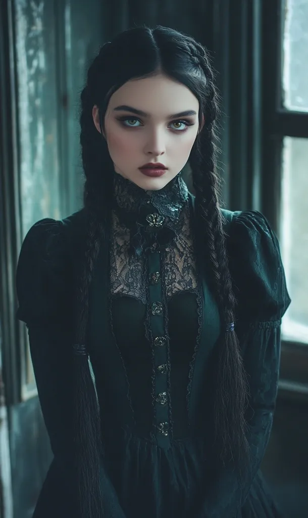 A young woman with long, dark hair styled in two braids gazes intensely at the camera.  She wears a dark green, Victorian-style dress featuring a high, lace-trimmed collar and long sleeves. The dress's dark fabric and intricate detailing contribute to a gothic aesthetic.  The subdued lighting and dark background enhance the overall mysterious and somewhat melancholic mood of the portrait.  Her makeup is dramatic, complementing the dress's style.