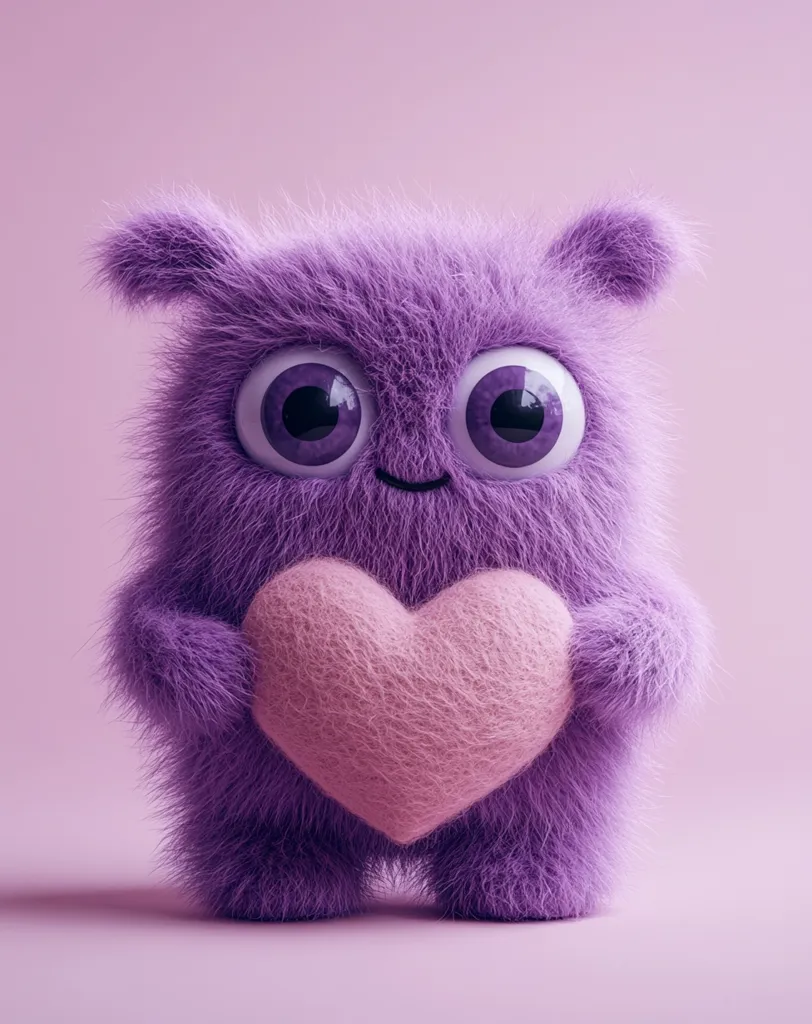 A fluffy, purple monster, rendered in 3D, holds a pale pink heart.  Its large, expressive eyes and small, upturned mouth convey a sweet, endearing expression. The monster's fur is textured, giving it a soft appearance. The overall color palette is monochromatic in shades of purple and pink, creating a gentle and romantic mood. The image is simple yet charming.