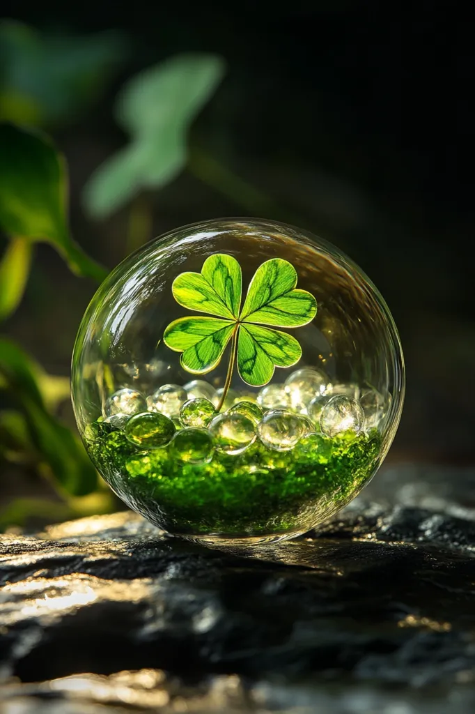 A vibrant green four-leaf clover is the centerpiece of a captivating image.  It rests delicately within a clear glass sphere, nestled amongst translucent green beads and moss. The sphere sits on a dark, textured surface, with a blurred background of lush greenery, suggesting a natural, tranquil setting.  Sunlight filters through the glass, illuminating the clover and creating a sense of wonder and luck. The overall effect is serene and magical.