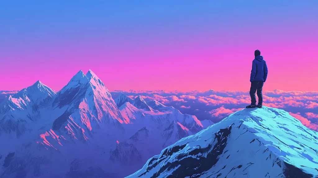 A lone figure stands atop a snow-capped mountain peak, gazing out at a breathtaking panorama.  The sky blazes with vibrant pink and purple hues of a sunset, casting a surreal glow on the snow-covered mountain range extending to the horizon.  A sea of clouds stretches below, creating a dramatic contrast between the lofty peak and the ethereal expanse.  The scene evokes a sense of solitude, accomplishment, and the vastness of nature.
