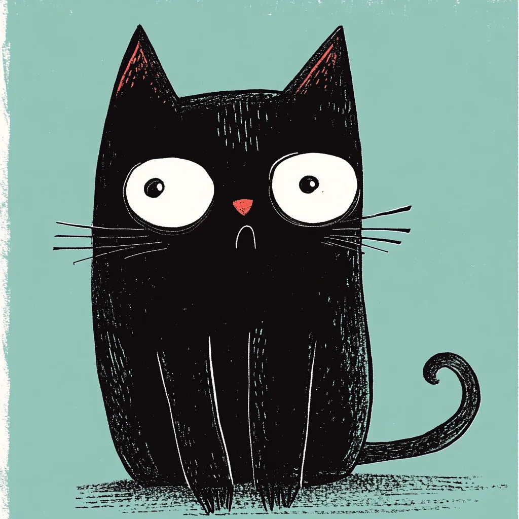 Here's a description of the image:

The illustration depicts a cartoon black cat with an exaggeratedly worried expression. Its large, round eyes are wide, conveying surprise or fear.  The cat's small, red nose and slightly open mouth add to its anxious demeanor. The style is simplistic, with dark, textured lines defining the cat against a light teal background. The cat's tail curls playfully, contrasting with its apprehensive facial features, creating a humorous effect. The overall feel is whimsical and slightly quirky.