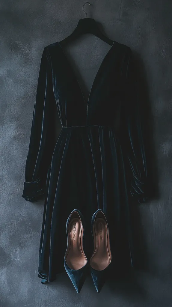 A dark teal velvet dress hangs on a black hanger against a dark gray textured wall.  The dress has long sleeves and a V-neckline, falling to a midi length.  Beneath it sits a pair of matching teal velvet pointed-toe heels. The overall aesthetic is elegant and moody. The image has a dark, slightly gothic feel.