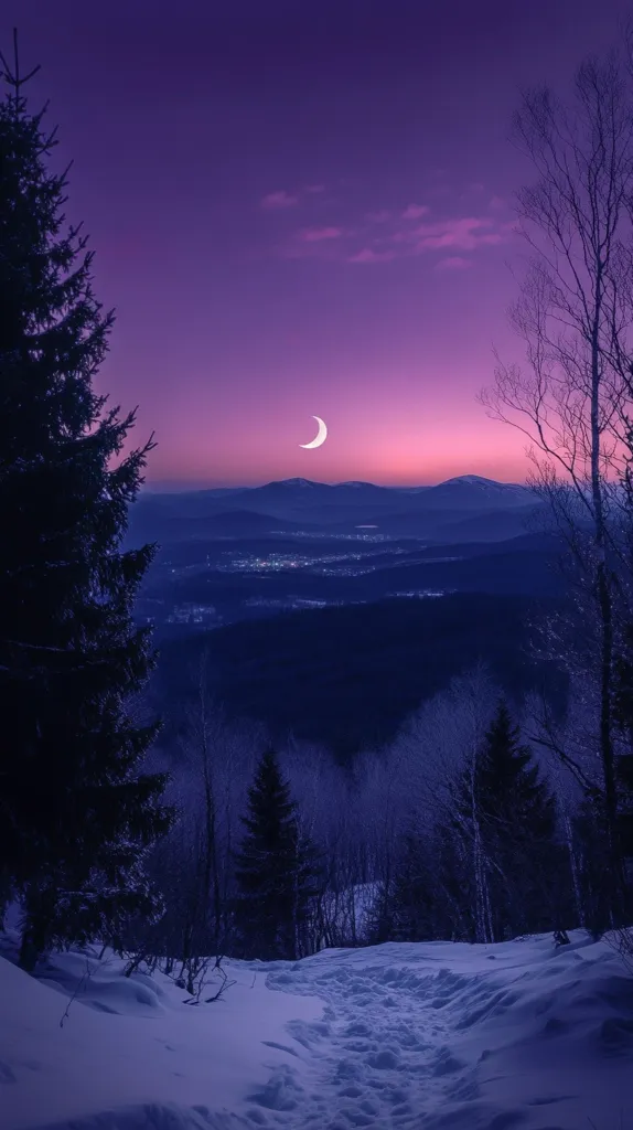 A crescent moon hangs in a twilight sky over a snow-covered landscape.  Silhouetted evergreen trees line a snowy path leading down towards a distant valley where faint city lights glimmer.  The purple hues of the sky blend with the dark silhouettes of the mountains and trees, creating a serene and mystical winter scene.  A sense of quietude and cold permeates the image.