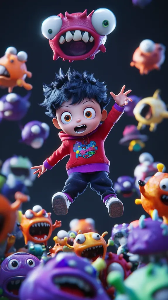 A digitally rendered image shows a cheerful, stylized boy with dark hair leaping through the air, surrounded by a swarm of playful, cartoonish monsters.  The boy is dressed in a red hoodie and dark pants, his expression joyful and surprised.  The monsters are colorful and varied in shape, some with large eyes and toothy grins. The overall scene is vibrant and energetic, suggestive of a children's animation or video game. The background is a dark, moody blue.