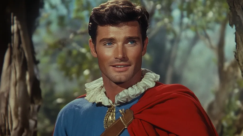 Here's a description of the image:

The image shows a close-up of a young man, possibly an actor in a film, dressed in a Renaissance-style costume.  He has dark, styled hair, striking blue eyes, and a neatly trimmed beard. His attire consists of a blue tunic, a large, ruffled white collar, and a flowing crimson cape draped over his shoulders. A brown leather strap or sash is fastened across his chest.  The background is blurred but suggests a wooded or forested setting. The overall impression is one of handsome charm and period drama.