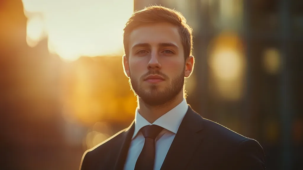Here is a description of the image:

The photograph shows a young, clean-cut man in a dark suit and white shirt. He has short, neatly styled brown hair and a short beard.  The sun is setting behind him, creating a warm, golden glow that illuminates his face and partially obscures the background. His expression is serious and his gaze is directed toward the camera. The out-of-focus background suggests an urban setting. The overall mood is one of confidence and professionalism.