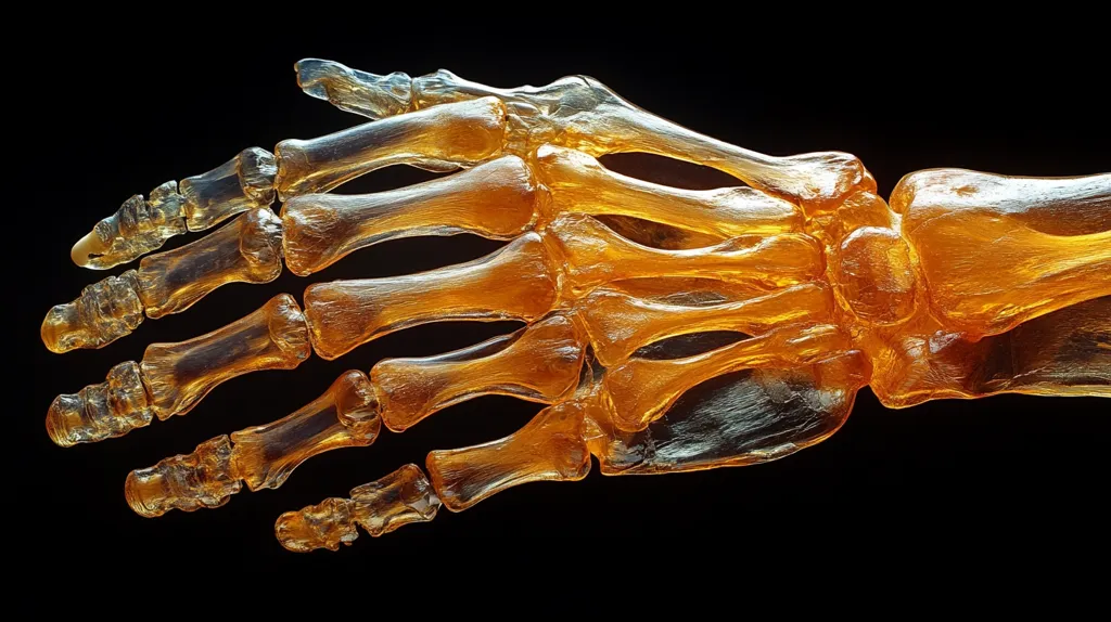 Here's a description of the image:

Close-up view of a translucent, amber-colored 3D-printed model of a human hand and forearm skeleton. The intricate details of the bones, including the carpals, metacarpals, and phalanges, are clearly visible. The model appears smooth and polished, with a slight sheen. It's presented against a stark black background, which enhances the object's translucency and color. The hand is positioned as if slightly open, with fingers spread. The overall impression is one of scientific precision and artistic rendering.