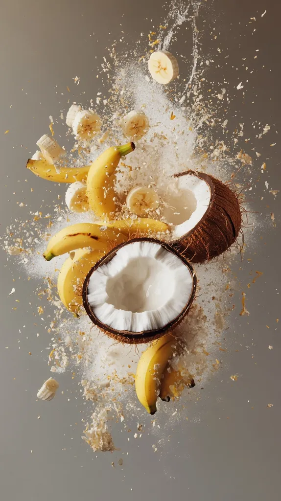 A dynamic image captures the explosive moment of bananas and coconuts colliding.  Pieces of fruit and coconut shards fly outwards in a burst of motion, suspended against a muted beige backdrop.  Several whole bananas and two halves of a coconut are central to the action, showcasing their creamy interiors. The overall effect is one of vibrant energy and tropical freshness.