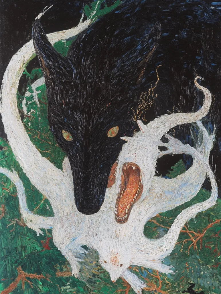 A surreal painting depicts a black wolf looming over a white, serpentine creature.  The white creature's mouth is open in a silent scream, its long, flowing body entwined with dark, gnarled branches against a dark green background. The wolf's eyes glow intensely, adding to the unsettling atmosphere. The thick impasto style gives the painting a textured, almost tactile quality. The contrast between the dark wolf and the bright white creature creates a dramatic visual impact, suggestive of a struggle or predation within a nightmarish forest scene.