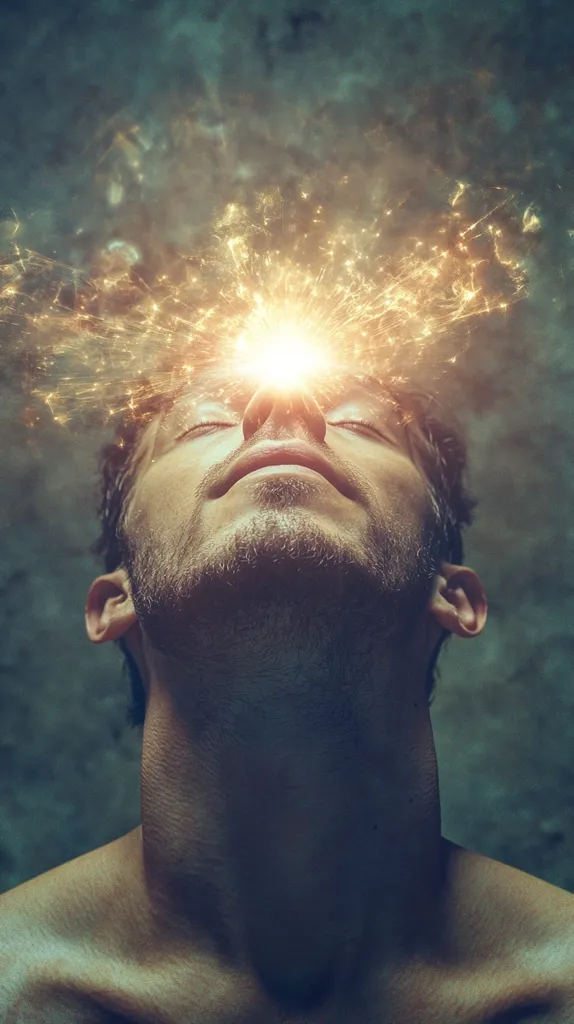 Here is a description of the image:

The image is a stylized portrait of a man's face and upper torso, set against a dark, textured background.  His eyes are closed, and a radiant, golden light bursts forth from his forehead, resembling an explosion of energy or enlightenment.  The light is bright and dynamic, contrasting sharply with the muted tones of his skin and the background. The man appears serene and contemplative, suggesting a moment of profound inner experience or revelation. The overall mood is mystical and awe-inspiring.
