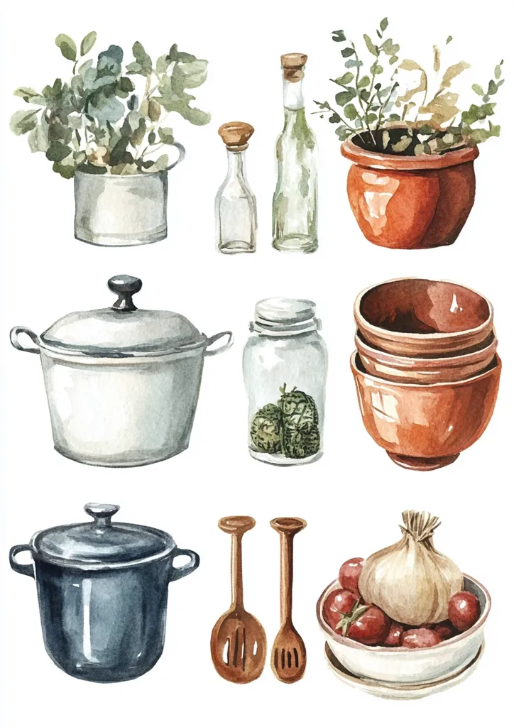 Here's a description of the image:

The watercolor painting showcases a charming collection of kitchenware and herbs. Two potted herbs, one in a metal pot and the other in a terracotta pot, flank glass bottles and jars filled with herbs or spices.  A large white pot, a smaller dark grey pot with lids, and a stack of terracotta bowls are prominent.  Wooden spoons and a bowl of tomatoes and a large onion complete the rustic, home-style cooking scene.  The style is whimsical and evokes a feeling of warmth and home cooking.