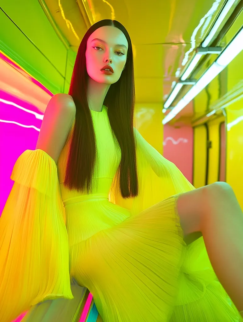 A striking fashion photograph features a young woman with long dark hair, wearing a vibrant chartreuse pleated dress.  The dress has dramatic, ruffled sleeves. She sits in a brightly lit, possibly public transport setting, bathed in neon green, pink, and yellow light. The overall aesthetic is bold, modern, and slightly surreal. The image emphasizes the dress's texture and the model's striking features against the colorful backdrop.
