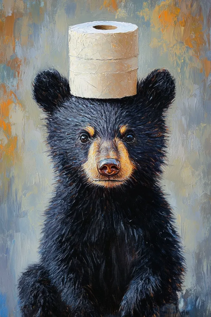 Here's a description of the image:

The painting depicts a black bear cub, sitting upright and facing the viewer.  Its expression is serious and somewhat amused.  The cub's fur is richly detailed and textured, appearing soft and dark.  Atop its head sits a roll of toilet paper, acting as an unusual and humorous hat. The background is a muted palette of blues, grays, and oranges, creating a slightly textured, almost painterly effect that contrasts with the sharp detail of the bear. The overall style is realistic with an artistic flair, combining elements of whimsy and naturalism.