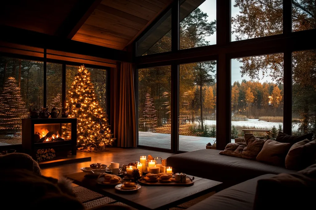 A cozy cabin interior glows with warm light. A decorated Christmas tree stands beside a crackling fireplace, its warmth contrasting the snowy landscape visible through expansive windows.  The large windows showcase a picturesque autumnal scene of trees reflected in a still lake.  Candles and a spread of treats adorn a low coffee table in the comfortable living area, creating a scene of festive winter peace. The overall ambiance is one of rustic charm and holiday serenity.