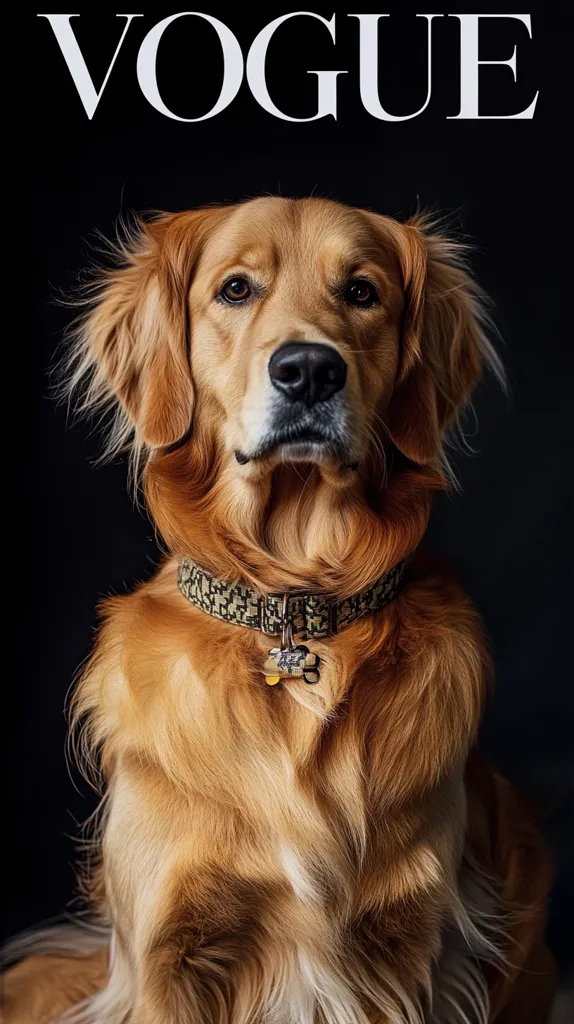 Here's a description of the image:

The image is a stylized portrait of a Golden Retriever, reminiscent of a Vogue magazine cover. The dog, with its luxurious, golden coat, sits directly facing the camera against a stark black background. Its expression is serious and composed. The dog wears a patterned collar with a small tag. The word "VOGUE" is prominently displayed in a classic, white sans-serif font at the top, reinforcing the fashion-inspired aesthetic. The overall effect is elegant and sophisticated, highlighting the dog's beauty and presence.