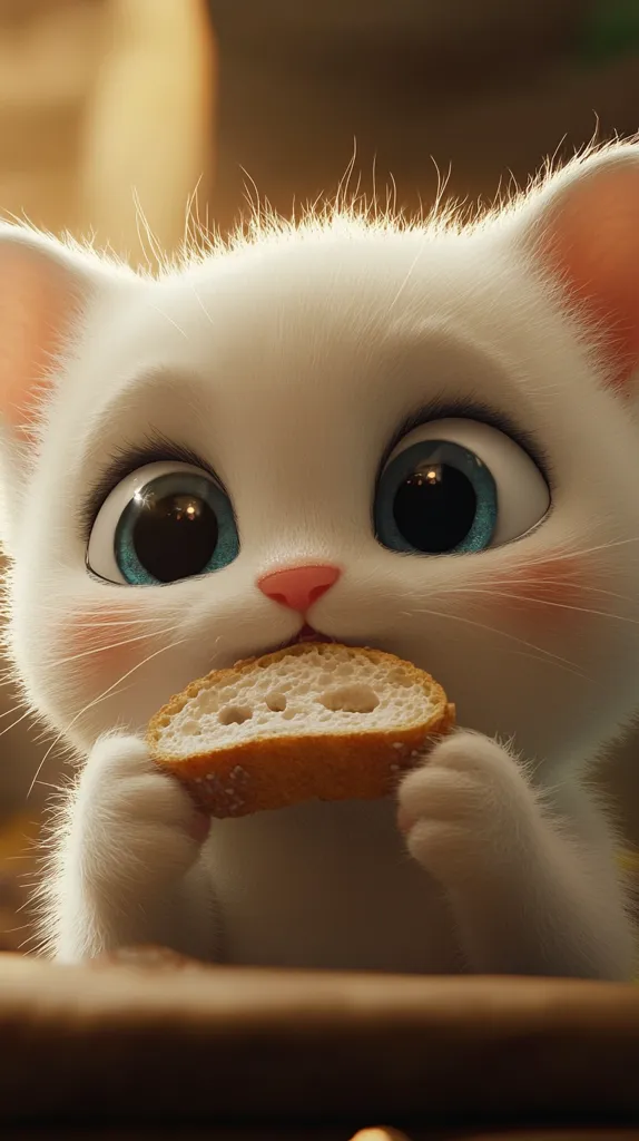 Here's a description of the image:

The image is a close-up of an adorable, cartoon-like white kitten with large, expressive blue eyes.  Its fur is fluffy and appears soft. The kitten is delicately holding and eating a piece of bread, its tiny paws gripping the slice.  The background is blurred, showing warm, golden tones, creating a soft focus on the kitten. The overall style is cute and whimsical, reminiscent of children's animation.