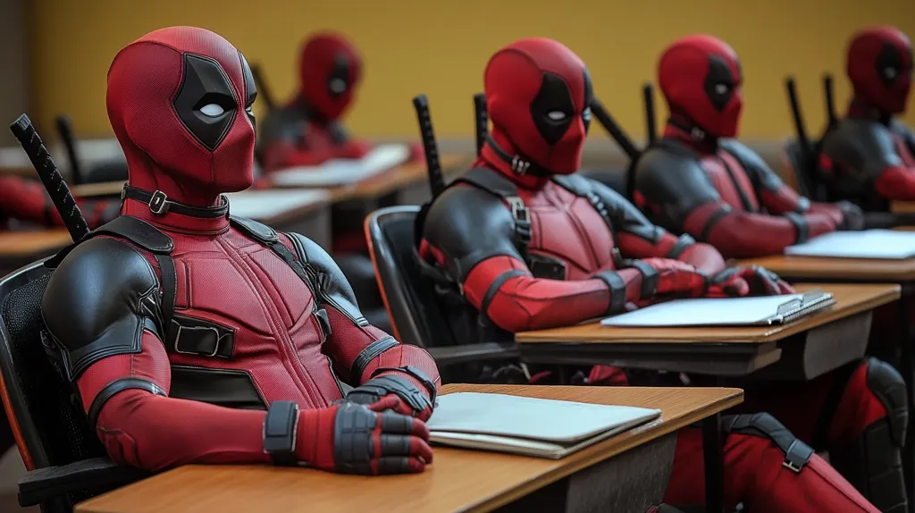 The image shows multiple Deadpool figures sitting at desks in a classroom setting. They are wearing their signature red and black suits, and some have katanas strapped to their backs. The Deadpools are seated attentively, with notebooks and writing utensils on their desks, creating a humorous and unexpected scene.  The focus is on the Deadpool in the foreground, who is looking off to the side.  The overall mood is lighthearted and playful.