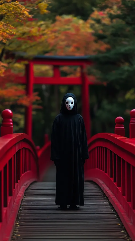A figure cloaked in black, wearing a Noh mask, stands on a vibrant red bridge. The bridge arches gently, leading towards a traditional red torii gate nestled amongst autumnal foliage, ablaze with reds and oranges. The scene is evocative, blending mystery with the serenity of a Japanese garden. The contrast between the stark black of the figure and the fiery red of the bridge is striking, creating a visually arresting image.