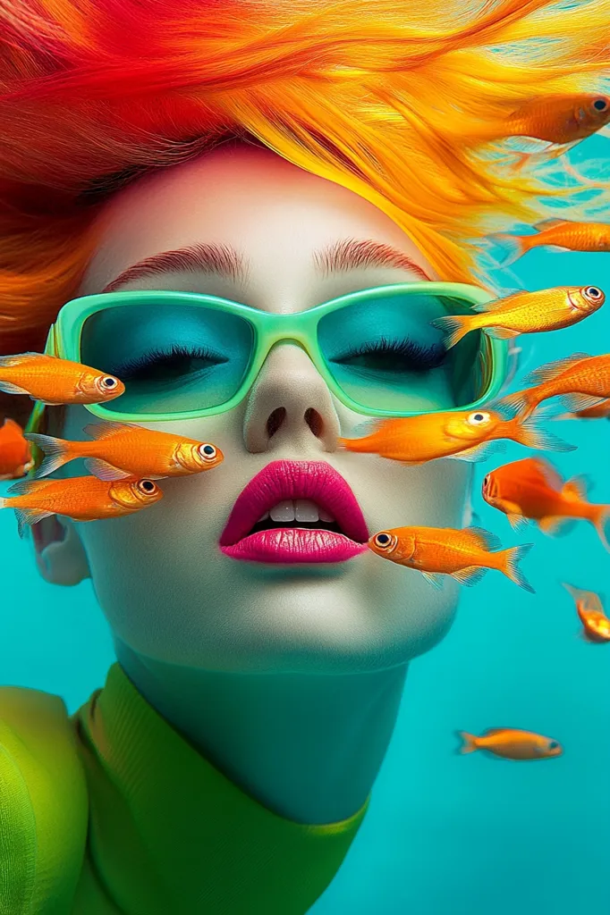 Here's a description of the image:

A vibrant close-up showcases a woman with fiery orange hair, partially submerged underwater.  She wears bright green, retro-style sunglasses and a lime green turtleneck.  Numerous small, orange goldfish swim around her face, some even appearing to interact with her lips and sunglasses. The background is a contrasting turquoise, creating a surreal and striking visual effect. The overall style is bold and saturated, suggesting a fashion or artistic statement.