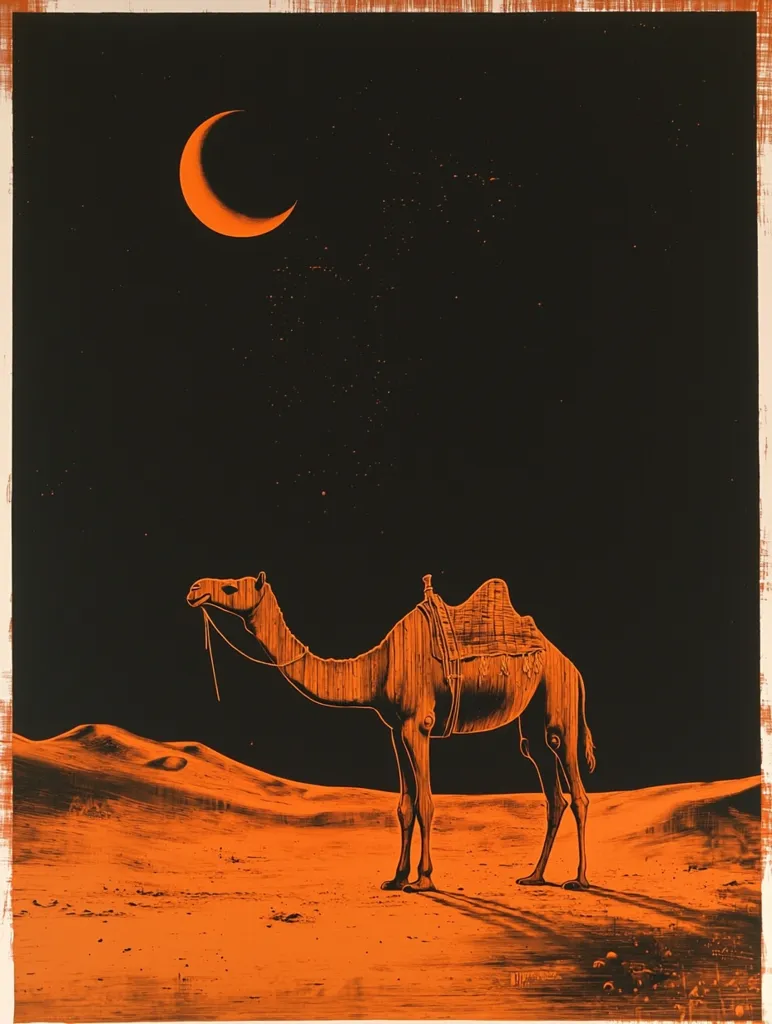 The artwork depicts a single camel, rendered in a striking orange hue against a stark black background.  The camel, saddled and appearing almost mechanical in its detail, stands on an orange desert landscape under a crescent moon and a scattering of stars. The overall effect is one of surrealism and stark contrast, with the warm orange tones juxtaposed against the deep black night sky. The image has a slightly textured, almost woodcut-like quality.
