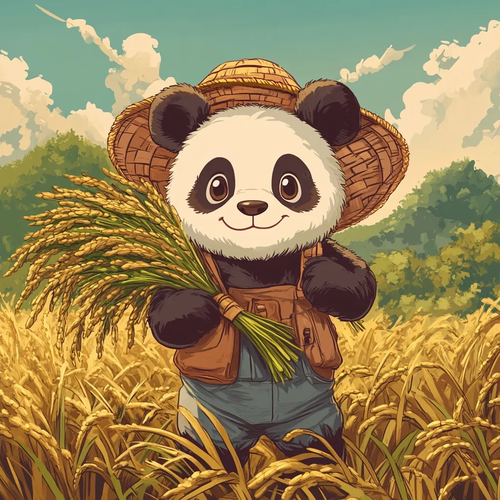 Here's a description of the image:

A charming illustration depicts a panda bear, dressed in overalls and a straw hat, standing amidst a golden field of ripening rice. The panda holds a large bundle of rice stalks, conveying a sense of harvest. Its expression is cheerful and friendly. The background features a lush green landscape under a partly cloudy sky, enhancing the idyllic rural setting. The art style is reminiscent of vintage cartoons or children's book illustrations. The overall mood is one of warmth, happiness, and simple country life.