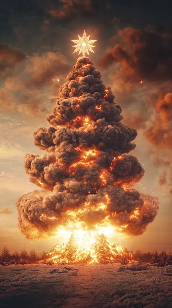 A digital artwork depicts a fiery explosion shaped like a Christmas tree, topped with a star.  The immense plume of smoke and fire contrasts sharply with a snowy landscape in the foreground.  The overall scene is apocalyptic, juxtaposing festive imagery with destruction, creating a striking and unsettling visual.  Small, distant objects suggest debris or falling particles. The sky is a dramatic blend of dark and fiery orange hues.