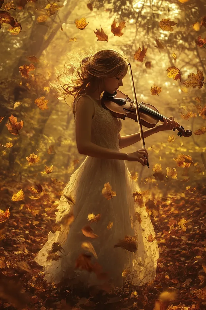 A young woman in a flowing white dress stands in a sun-dappled autumn forest, playing a violin.  Golden leaves swirl around her as she plays, creating a magical, ethereal atmosphere. The warm light filters through the trees, highlighting the detail in her dress and the rich colors of the falling leaves. The scene is peaceful and evocative, suggesting a sense of tranquility and autumnal beauty.