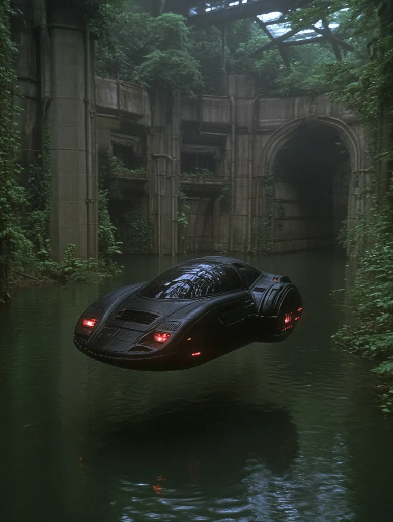 A sleek, black futuristic car hovers silently above a calm, dark green body of water.  The car, with glowing red lights, appears to be floating within the ruins of an overgrown, ancient structure, partially submerged in the water. Lush greenery and decaying stone architecture create a moody, atmospheric scene, suggesting a blend of nature reclaiming technology. The overall aesthetic is one of mystery and quiet desolation.