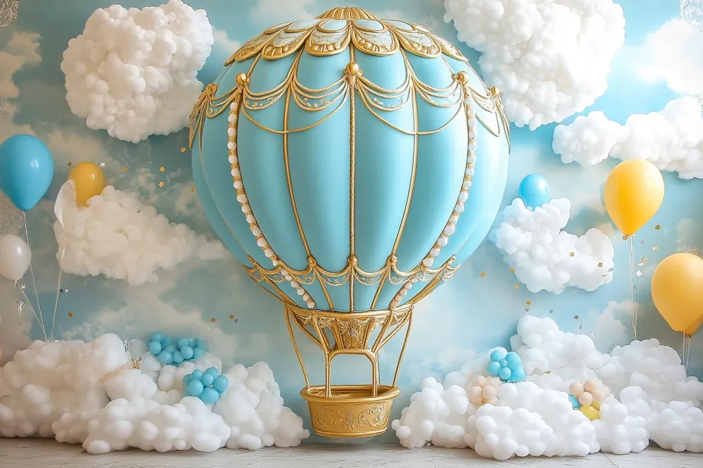 A whimsical photo backdrop depicts a large, pale-blue hot air balloon adorned with gold detailing, seemingly floating amidst fluffy white clouds.  Smaller, pastel-colored balloons and additional cloud clusters add to the ethereal scene, set against a light-blue sky.  The overall effect is dreamy and celebratory, ideal for a birthday or special event.  The balloon's intricate design and the soft texture of the clouds create a visually appealing and enchanting image.