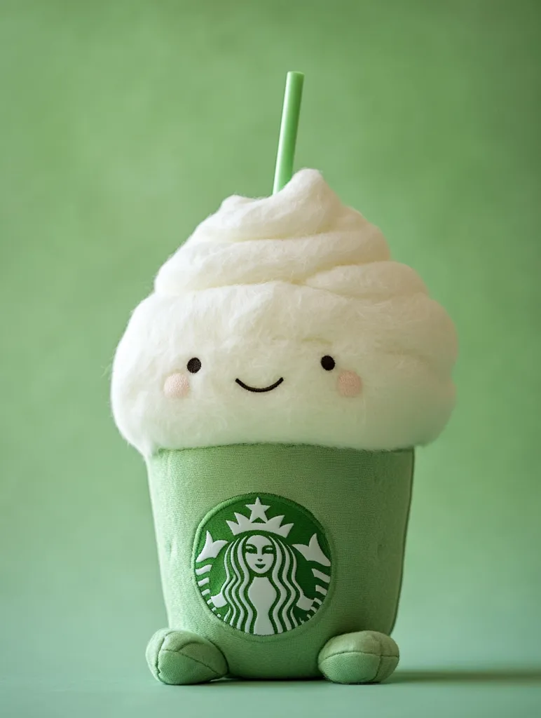 Here's a description of the image:

The photo shows a cute plush toy shaped like a Starbucks matcha frappuccino.  The whipped cream is depicted as fluffy white fabric, topped with a light green straw.  The cup itself is pastel green, prominently displaying the Starbucks logo.  The toy has a simple, happy face embroidered on the whipped cream.  It sits against a solid, light green background, emphasizing the pastel color scheme. The overall impression is whimsical and appealing.