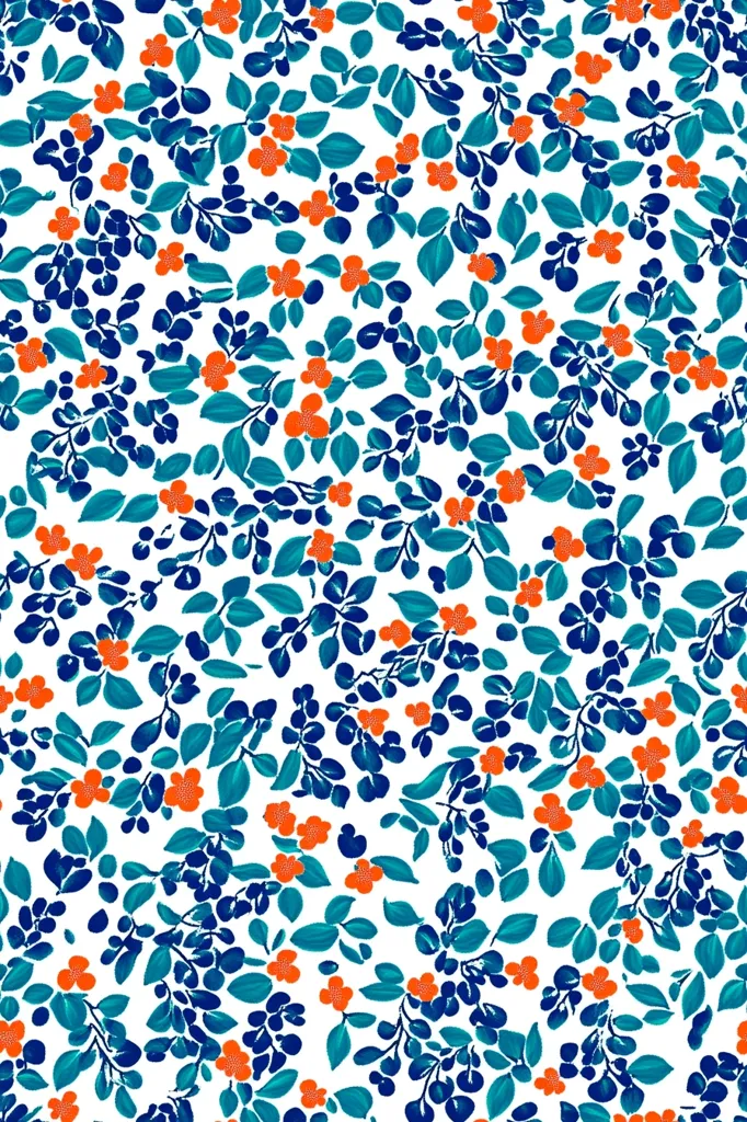 The image showcases a repeating floral pattern on a white background.  Small, stylized orange flowers are scattered amongst teal and dark blue leaves and branches. The design is densely packed, creating a vibrant and busy overall effect.  The flowers and foliage are rendered in a painterly style, with slightly imprecise brushstrokes giving a textured, hand-painted look. The color palette is bold and contrasting, with the bright orange providing a striking counterpoint to the cool blues and greens.