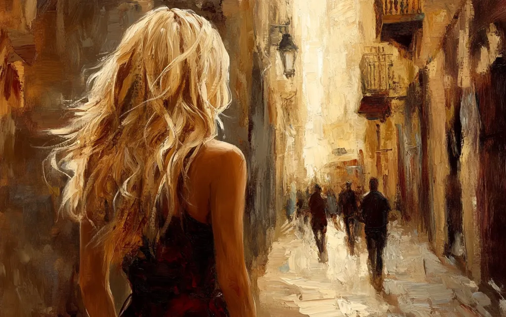 The painting is an impressionistic portrayal of a blonde woman with her back to the viewer, standing on a sunlit, narrow street. Her long hair flows, seemingly caught in a gentle breeze. The street, rendered in warm earth tones, is lined with old buildings, hinting at a European setting.  Blurred figures of pedestrians walk away in the distance, creating a sense of depth and solitude around the central female figure. The style is painterly, with visible brushstrokes adding texture and movement to the scene.