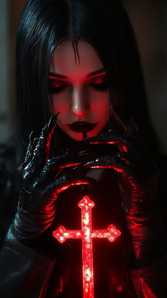 Here's a description of the image:

A dramatic close-up portrays a woman with long, dark hair, styled to frame a pale face accentuated by dark eye makeup.  She wears black gloves with claw-like detailing, holding a glowing red cross. The overall mood is dark and gothic, with red light illuminating her face and the cross, creating a striking contrast against the black attire and background. The image evokes a sense of mystery and perhaps a supernatural or fantasy theme.