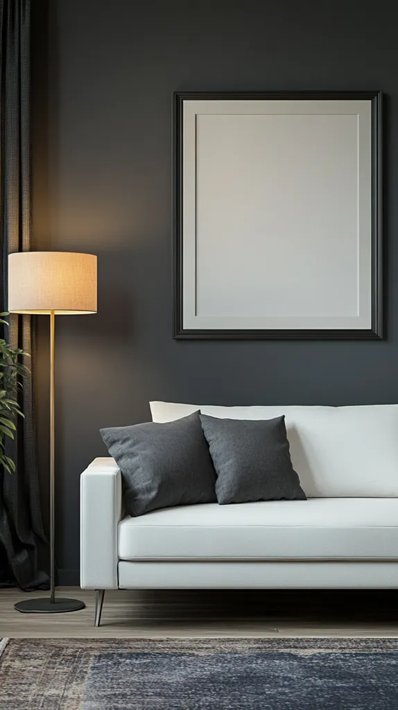 A modern living room features a white sofa with dark grey throw pillows against a dark grey wall. A large, framed, blank canvas hangs above the sofa.  A floor lamp with a beige shade stands beside the sofa, casting a warm light.  A patterned rug sits partially visible in the foreground, adding texture to the minimalist design. The overall aesthetic is sophisticated and calming.
