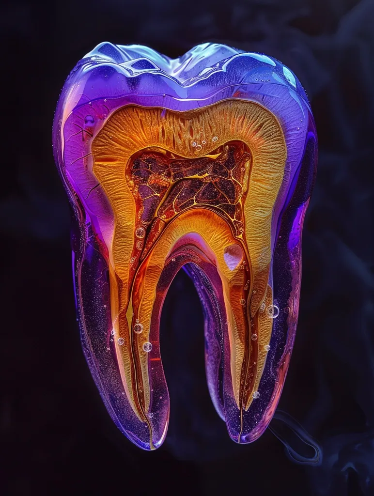 Here's a description of the image:

The image showcases a detailed, artistic rendering of a human tooth.  Its outer layer is a translucent purple, revealing an inner structure of warm oranges and golds, mimicking the tooth's internal components like dentin and pulp. Tiny air bubbles are dispersed throughout the translucent material, adding to its three-dimensional effect. The tooth is presented against a dark, smoky background, enhancing its vibrancy and artistic nature. The overall style is both scientifically informative and visually striking.
