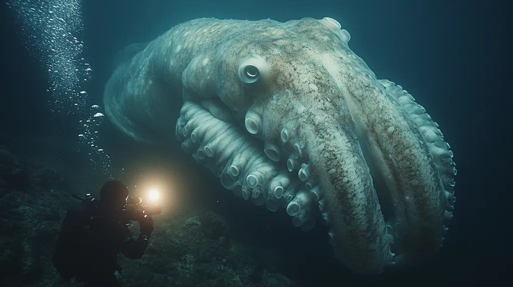Here's a description of the image:

The image shows a diver using a flashlight, encountering a colossal, pale-grey octopus in a deep, dark underwater setting.  The octopus is enormous, filling much of the frame, its many arms textured and detailed.  Bubbles rise from the diver's equipment, contrasting with the stillness of the scene.  The background is murky, with hints of rock formations, enhancing the sense of depth and the creature's imposing size.  The overall mood is one of awe and perhaps slight apprehension.