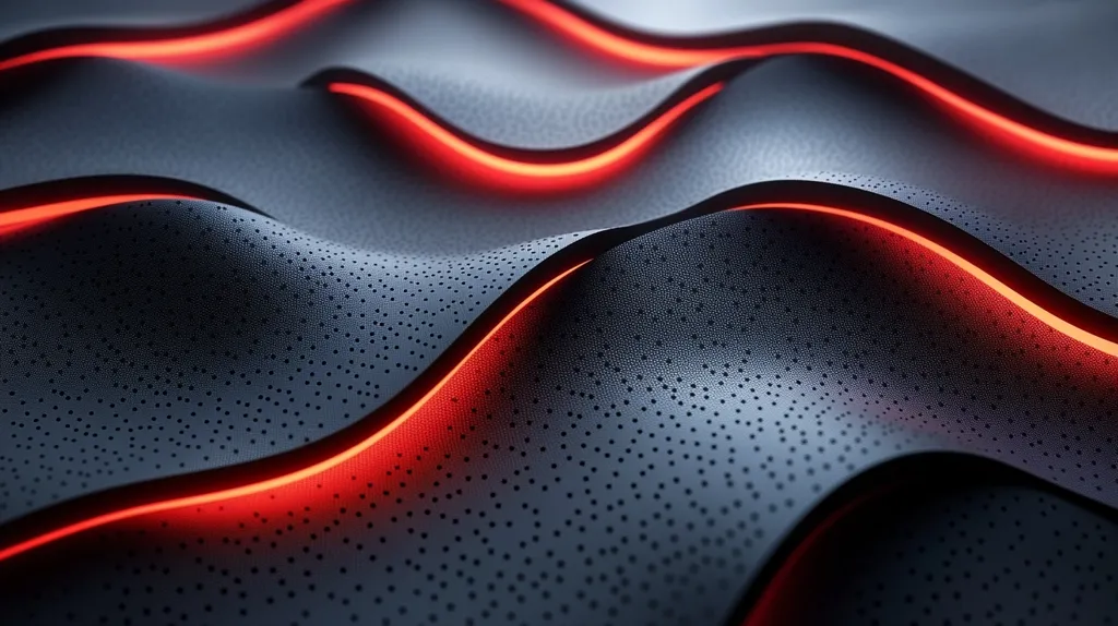 The image showcases a dark gray, textured surface with a subtly perforated pattern.  Across this surface flow vibrant, glowing red lines, creating a dynamic, undulating effect. The lines mimic flowing waves or energy streams, emphasizing the three-dimensionality of the texture.  The overall aesthetic is sleek, modern, and slightly futuristic, suggestive of technology or abstract design.  The contrast between the dark background and bright red lines is striking.