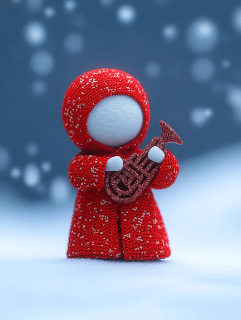 Here is a description of the image:

A charming, miniature figure, seemingly crocheted, stands in a snowy landscape.  The figure wears a red hooded coat adorned with white speckles, resembling a knitted texture.  Its face is a simple, smooth white sphere.  The figure holds a small, dark red instrument that resembles a trumpet or cornet. The background is softly blurred, showing a gentle snowfall against a muted blue backdrop. The overall style suggests a whimsical, festive, or winter-themed scene.