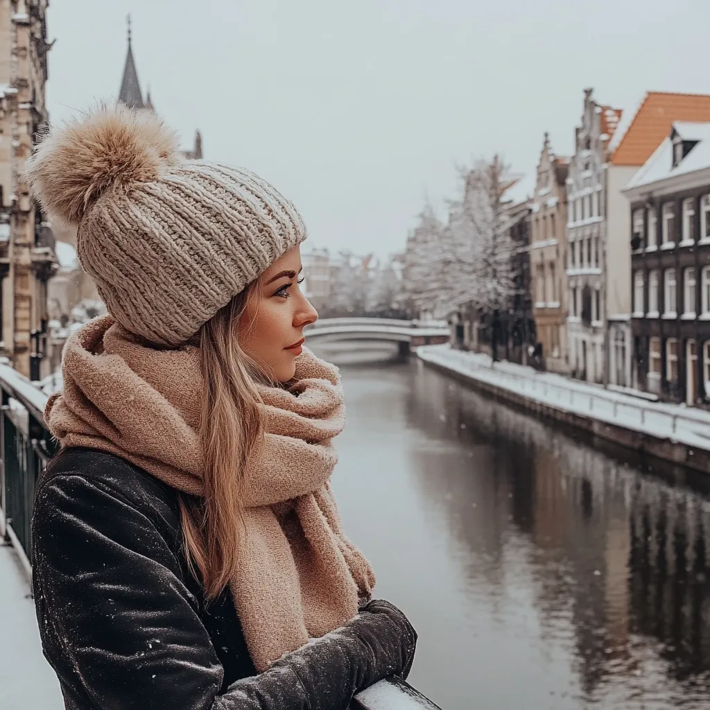 A young woman, bundled in a beige knit hat with a fluffy pompom and a matching oversized scarf, stands on a snow-dusted bridge.  She gazes contemplatively at a canal, lined with snow-covered buildings in a quaint European town.  The scene is peaceful and evokes a sense of winter serenity.  The architecture hints at a historical setting, enhancing the picturesque ambiance.