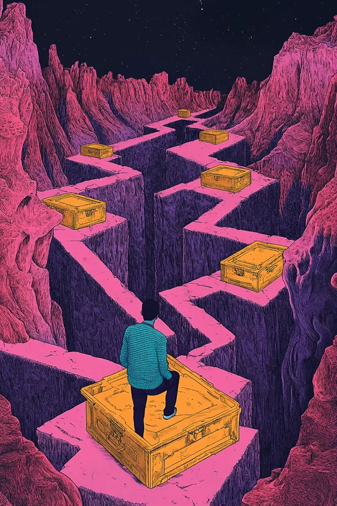 Here's a description of the image:

The illustration depicts a stylized landscape resembling a maze carved into vibrant pink and purple rock formations under a dark, starry sky.  A winding path, lined with numerous golden chests, leads through the maze. A lone figure, a man with dark hair wearing a teal shirt and dark pants, sits atop a large chest at a decision point in the path, contemplating his next move within this surreal, treasure-filled labyrinth. The overall style is reminiscent of psychedelic art, with bold lines and contrasting colors.